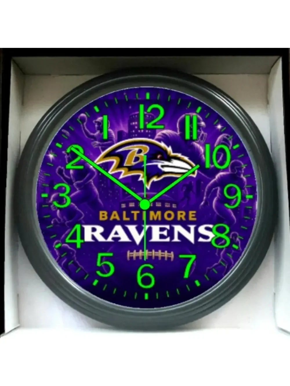 REVERSE TICKING CLOCK Baltimore Ravens Glow In The Dark Wall Clock New!